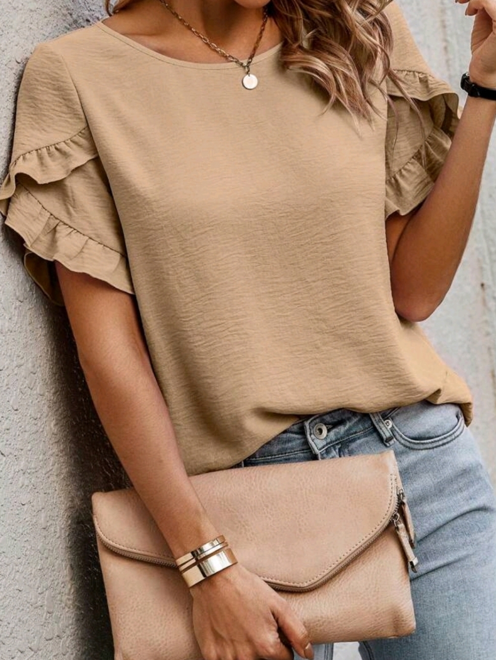 Nwe Without Tags Emery Rose Lightweight Khaki Top With Ruffled Sleeves